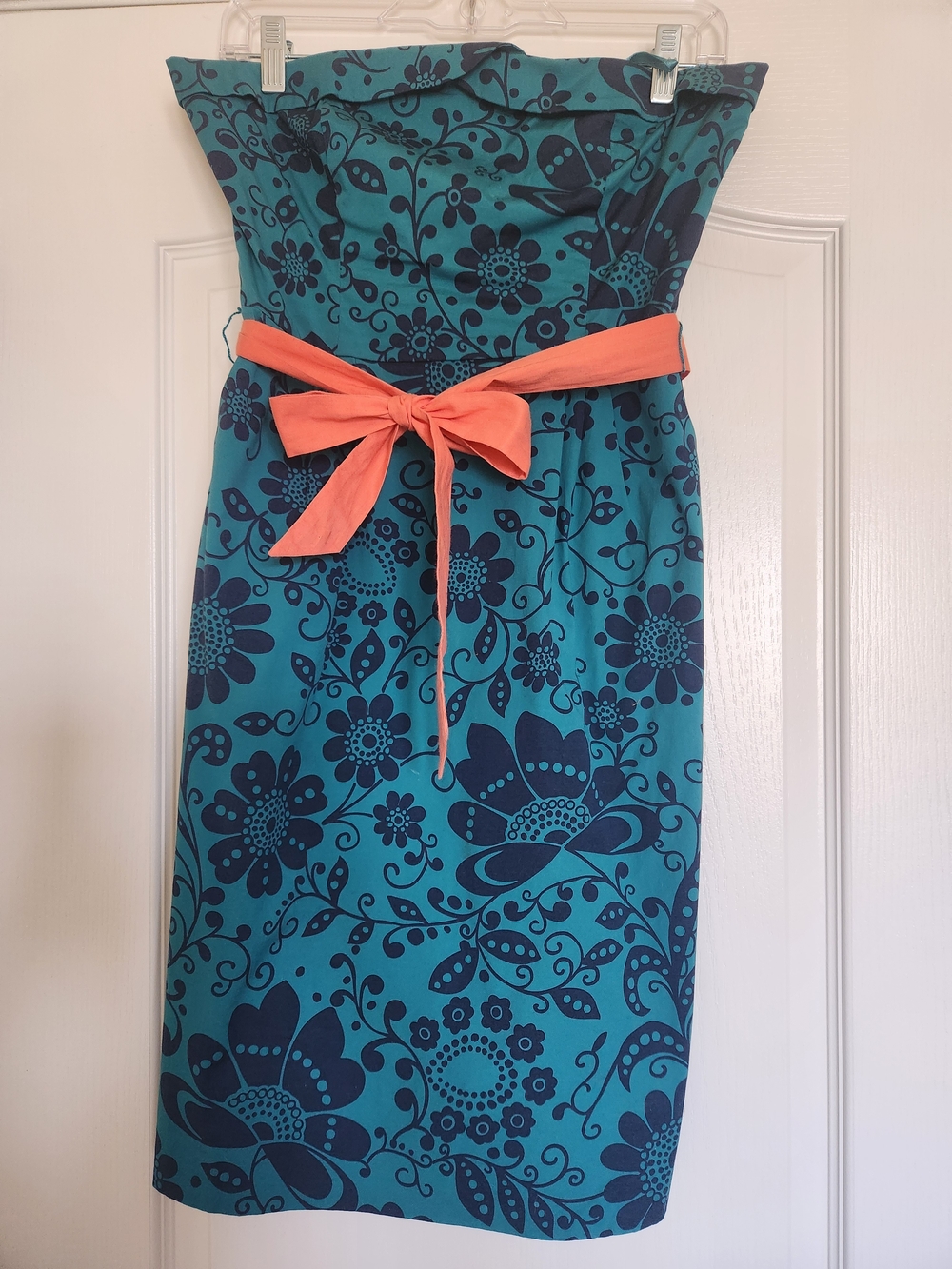 Maeve Anthropologie Teal and Navy Floral Peach-Accented Belt Strapless Dress